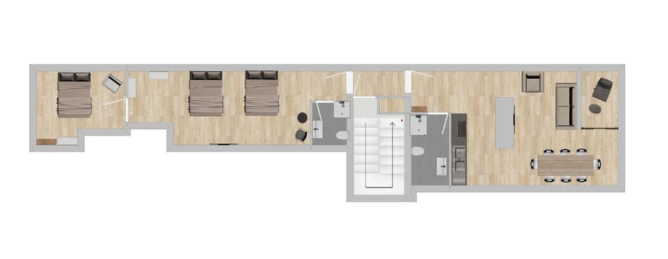 Bird's eye view, Bathroom, Kitchen or kitchenette, Living room, Floor plan, Dining area, Bedroom