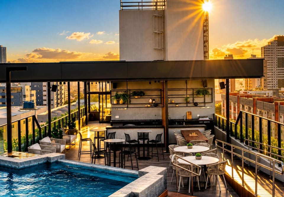 Swimming pool, Sunset, sunbed