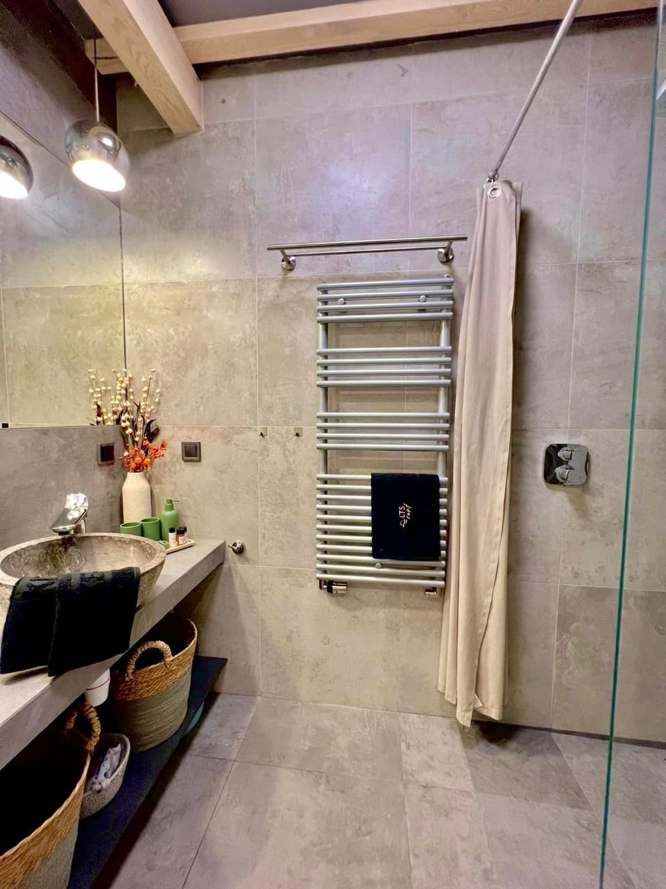 Shower, Bathroom, hair dryier, towels, trouser press, washing machine