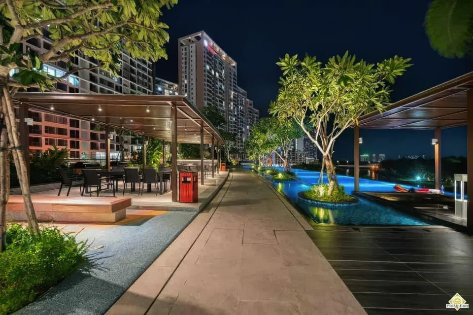Property building, Night, City view, Pool view, Swimming pool
