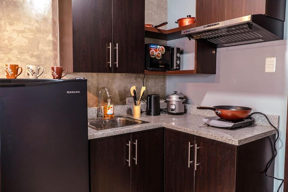 Kitchen or kitchenette, microwave, stove
