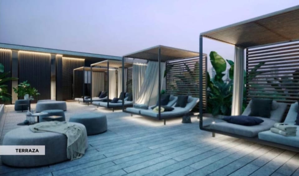 Swimming pool, sunbed
