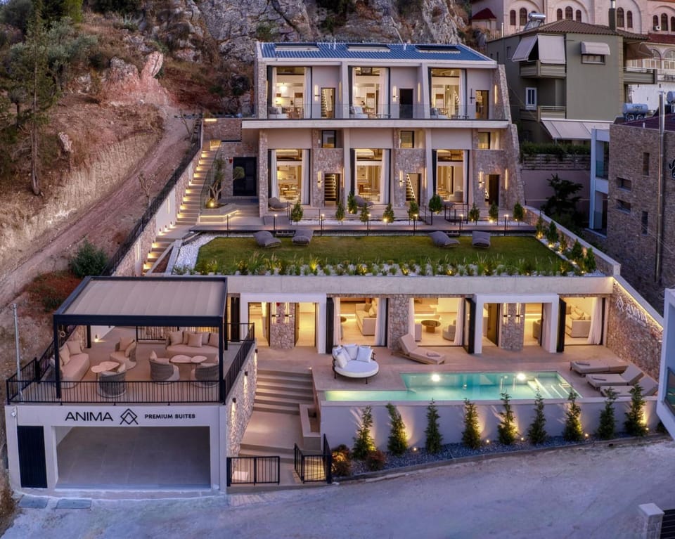 Property building, Facade/entrance, Night, Swimming pool