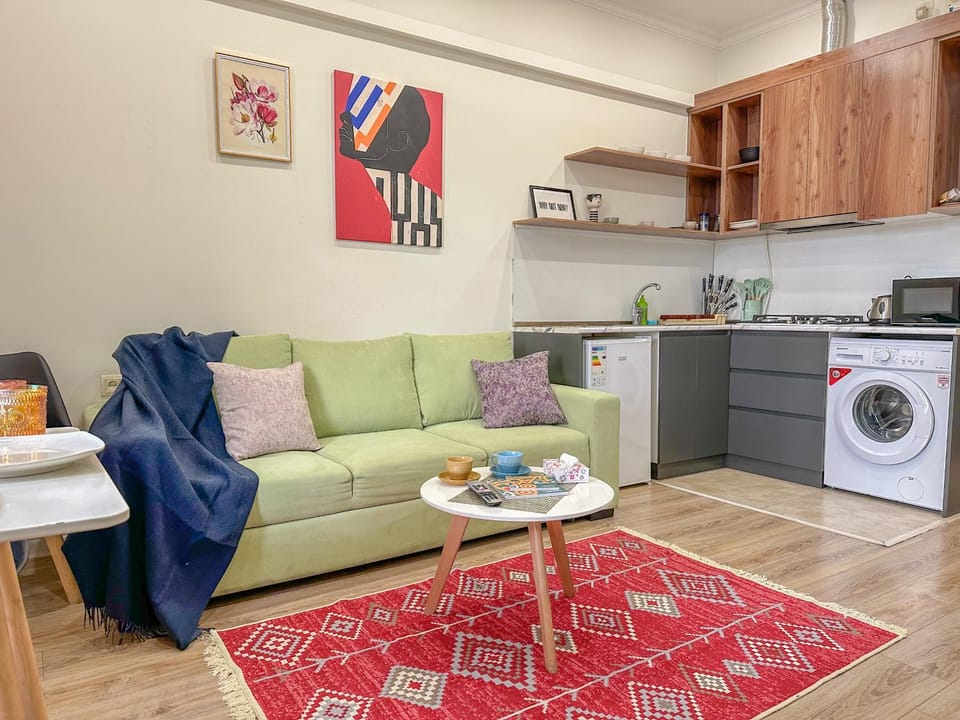 Kitchen or kitchenette, Living room, Seating area, stove, washing machine