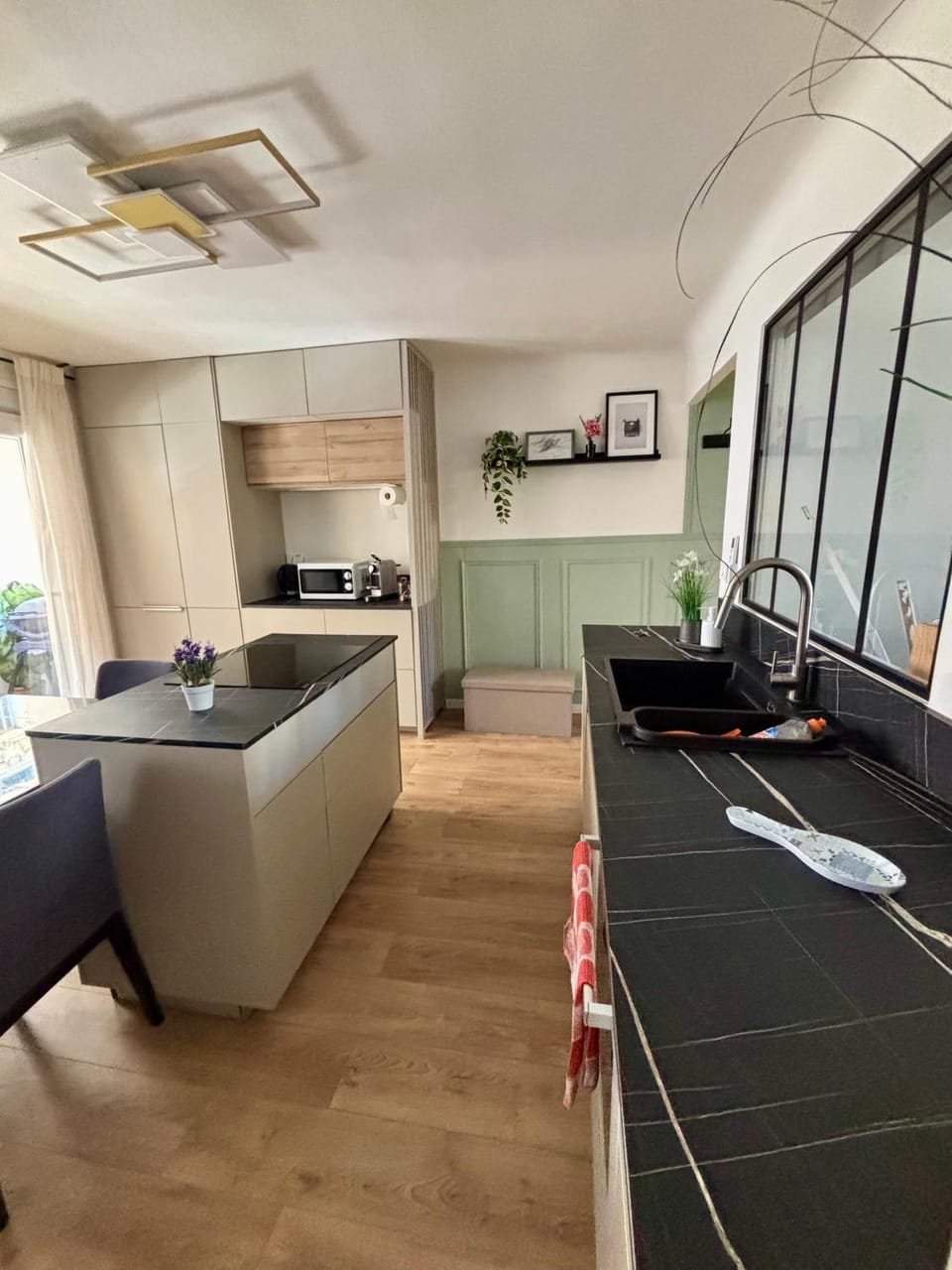 Kitchen or kitchenette, stove