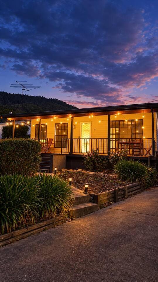 Patio, Facade/entrance, Garden, Seating area, Mountain view, Sunset