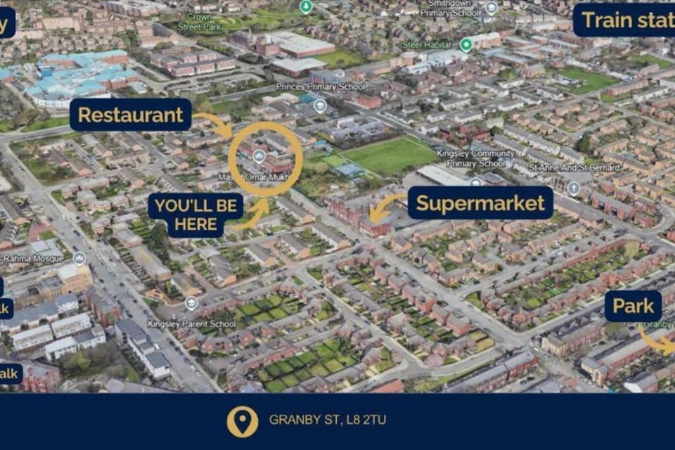 Bird's eye view, Text overlay, City view, Street view, Location
