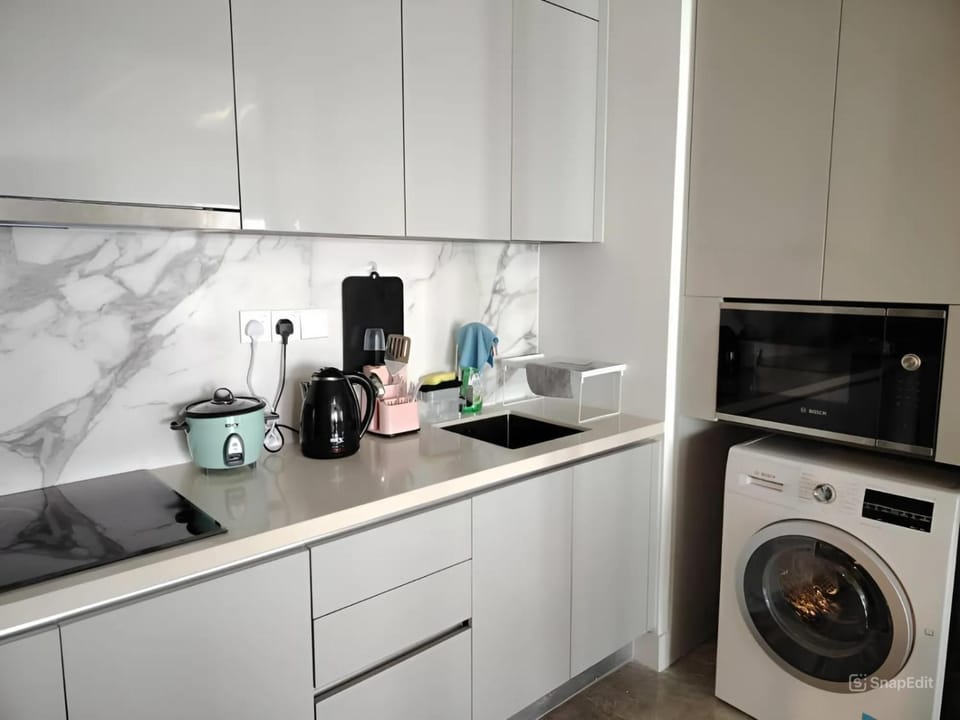 Kitchen or kitchenette, dishwasher, stove, washing machine