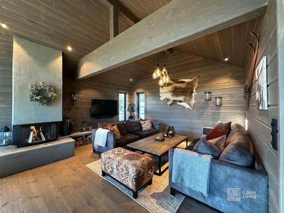 Modern cabin at Høgevarde panoramic view, fireplace and EV station Cabin in Viken, Norway