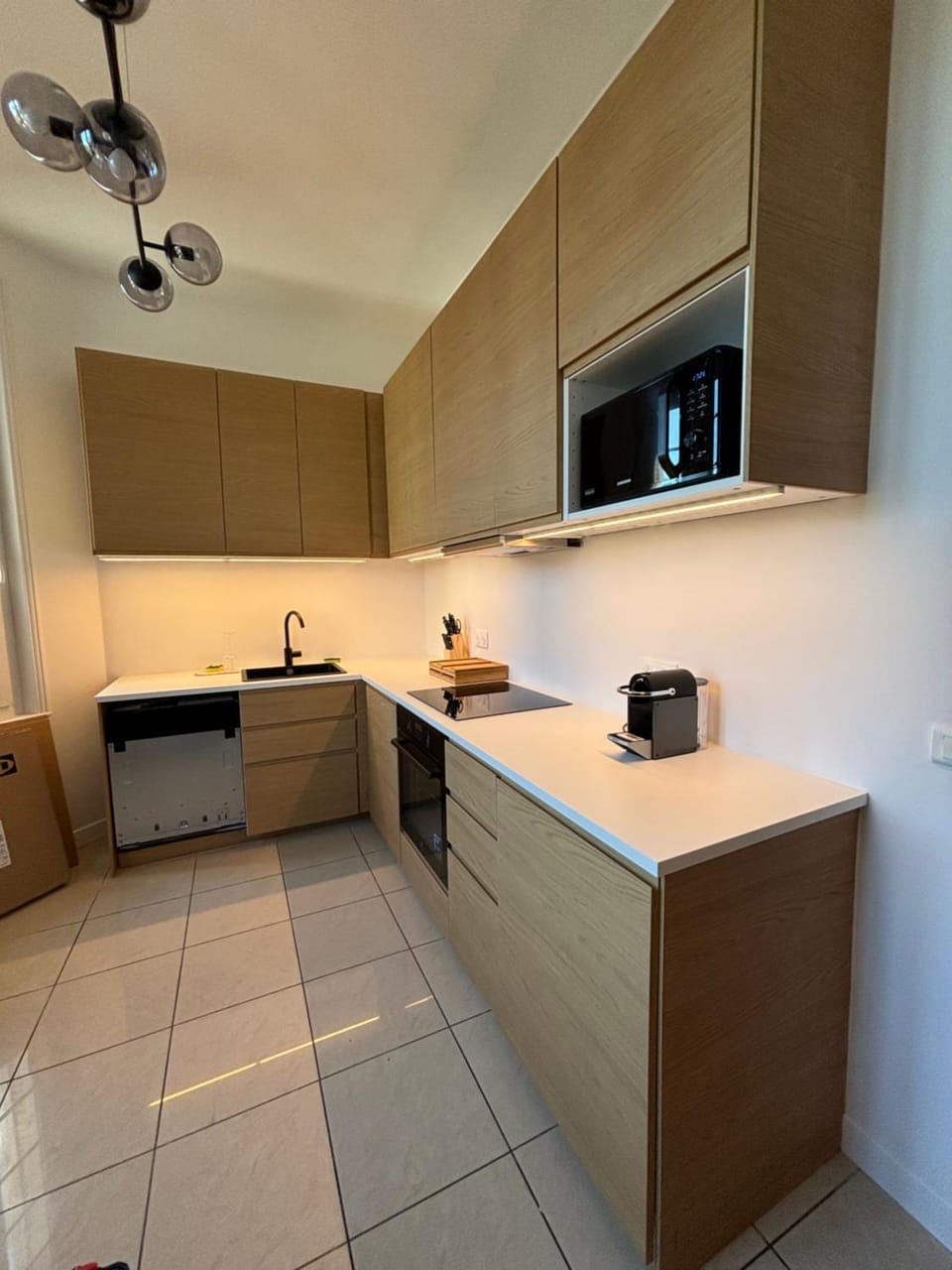 Kitchen or kitchenette, dishwasher, oven, stove