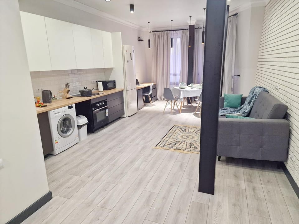 Seating area, Dining area, oven, stove, washing machine