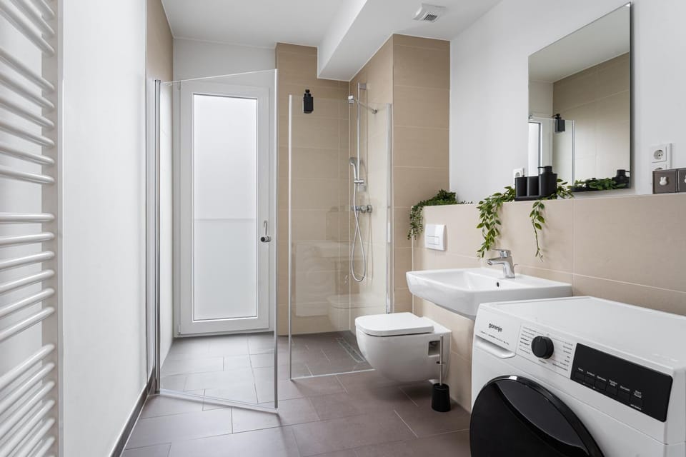 Shower, Toilet, Bathroom, towels, washing machine