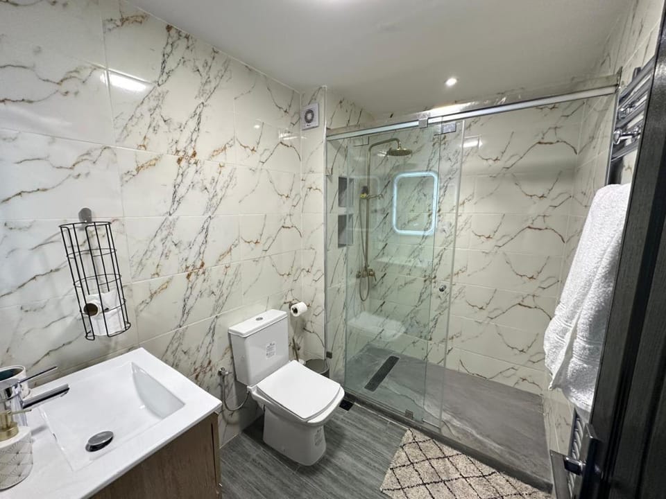 Shower, Toilet, Bathroom, hair dryier, towels
