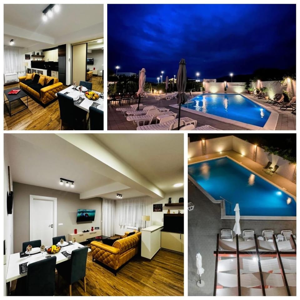 Patio, Night, Living room, Seating area, Pool view, Swimming pool, sunbed