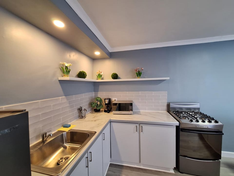 Kitchen or kitchenette, dishwasher, microwave, oven, stove