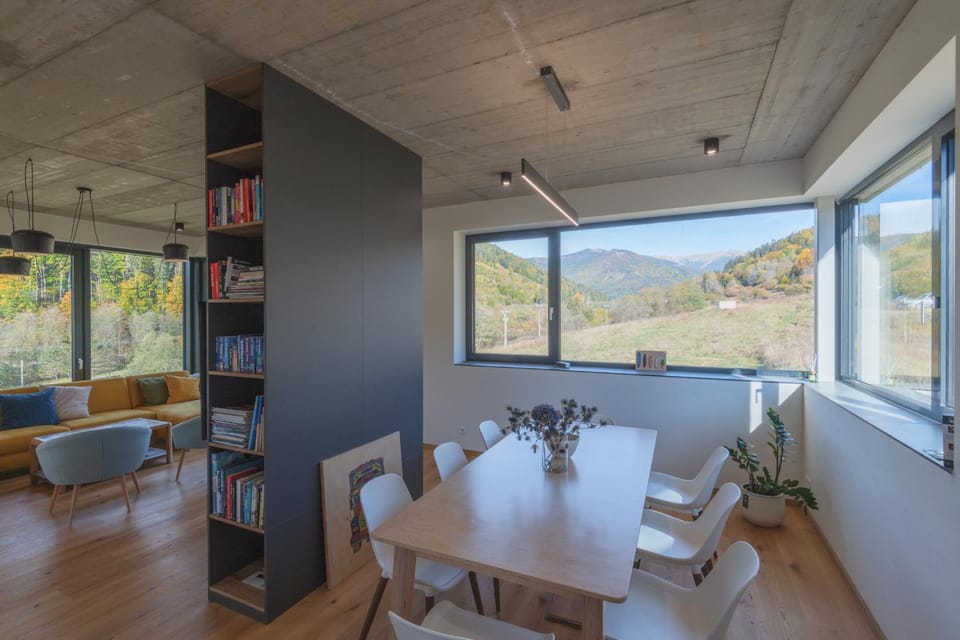 Natural landscape, Library, Living room, Seating area, Dining area, Mountain view