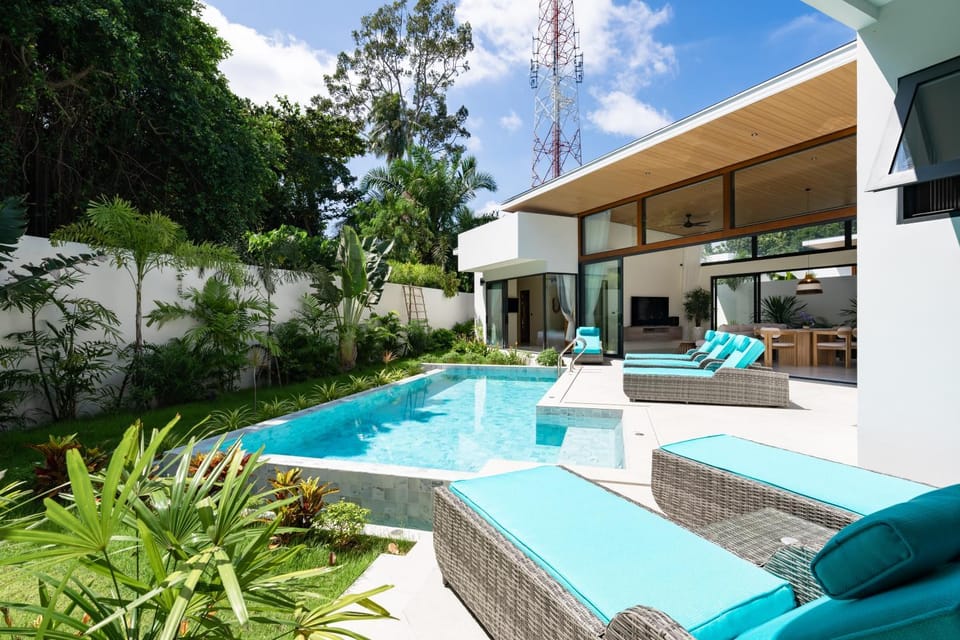 Property building, Day, Natural landscape, Garden, Garden view, Pool view, Swimming pool, Swimming pool