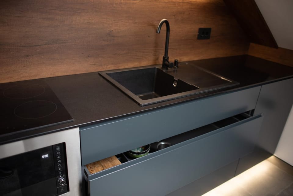 Kitchen or kitchenette, stove