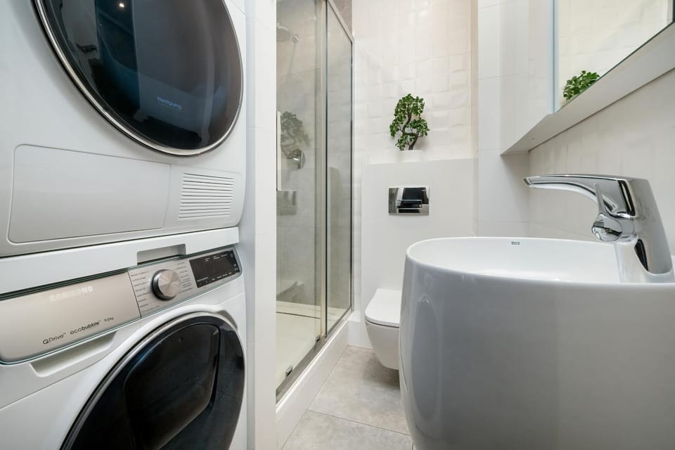 Shower, Toilet, hair dryier, washing machine, dryer
