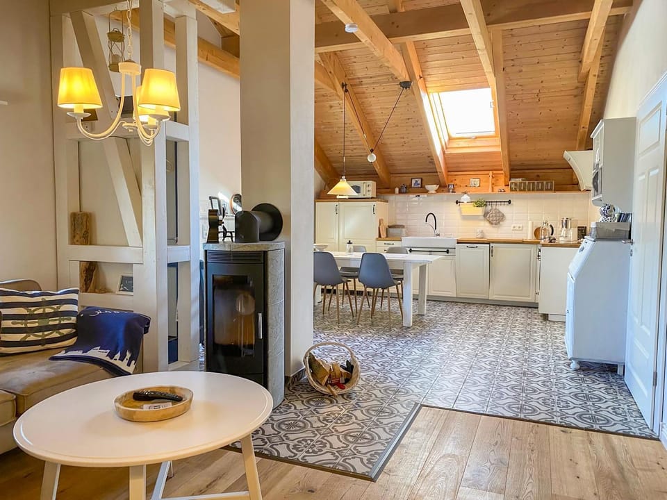 Living room, Seating area, fireplace, kitchen