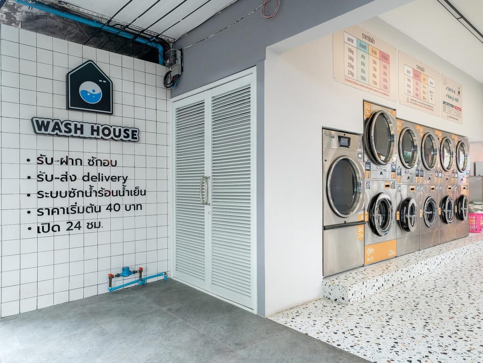 Property logo or sign, washing machine, dryer