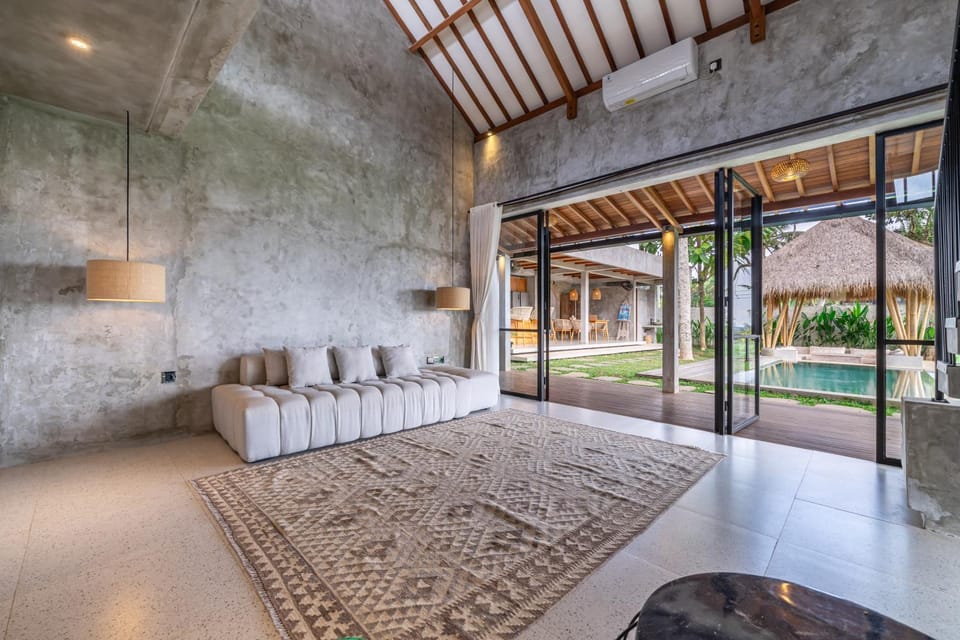 Living room, Seating area, Pool view