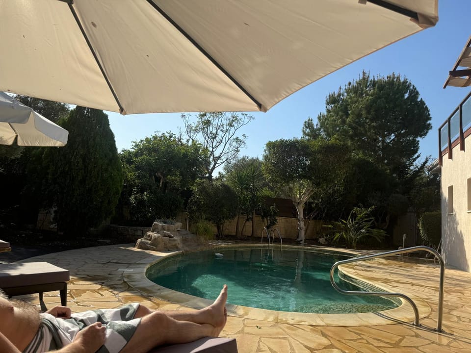 Patio, Natural landscape, Garden, Pool view, Swimming pool, sunbed