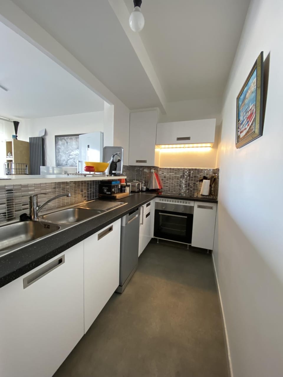 Kitchen or kitchenette, dishwasher, oven, stove