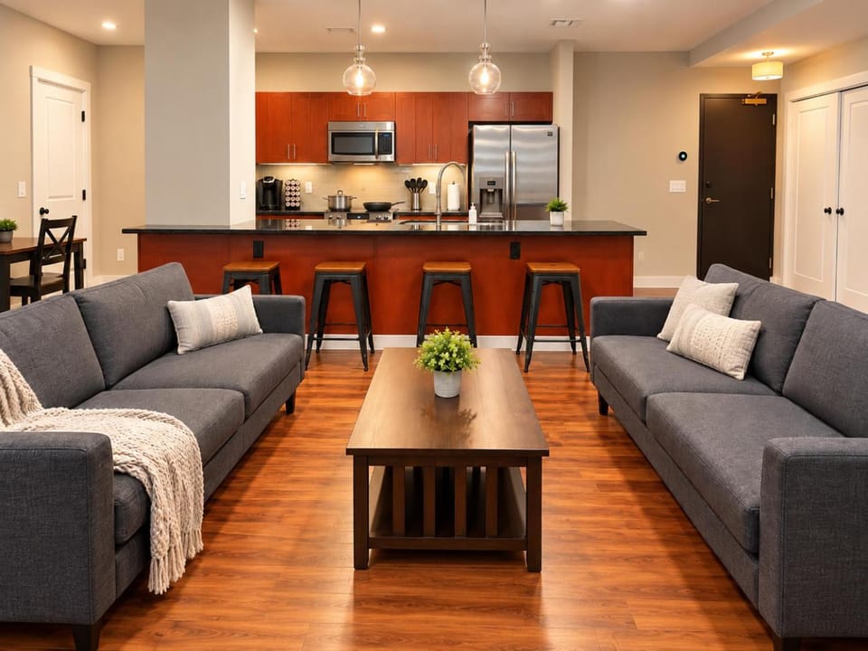 Kitchen or kitchenette, Living room, Seating area, Dining area