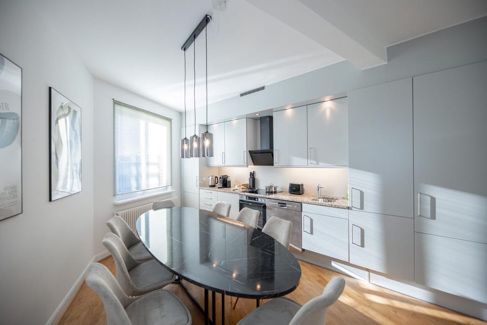 Coffee/tea facilities, View (from property/room), Kitchen or kitchenette, Seating area, Dining area, Landmark view, Shopping Area, group of guests, dishwasher, heating, internet, oven, stove, toaster, kitchen, acessibility