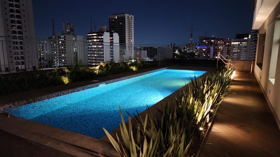 Night, City view, Pool view, Swimming pool