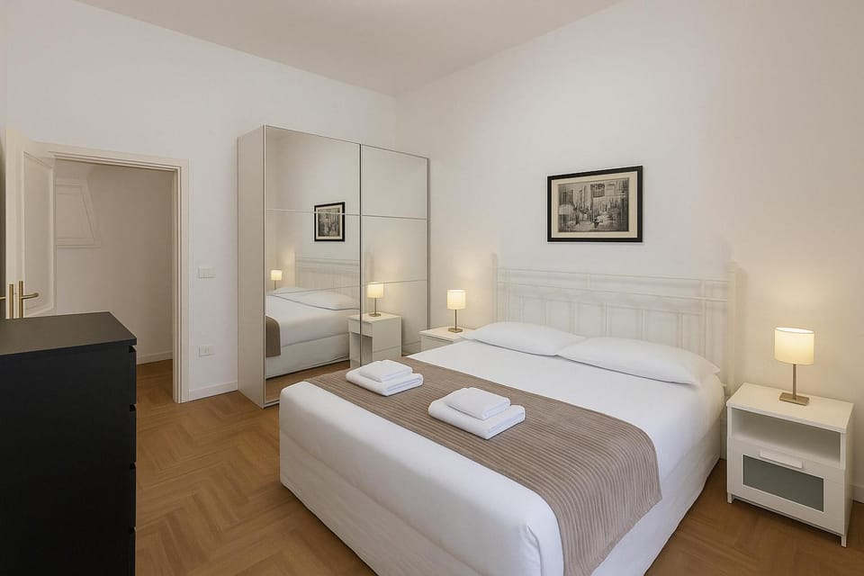 Bed, wardrobe