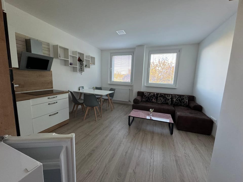 Kitchen or kitchenette, Living room, Seating area, Dining area