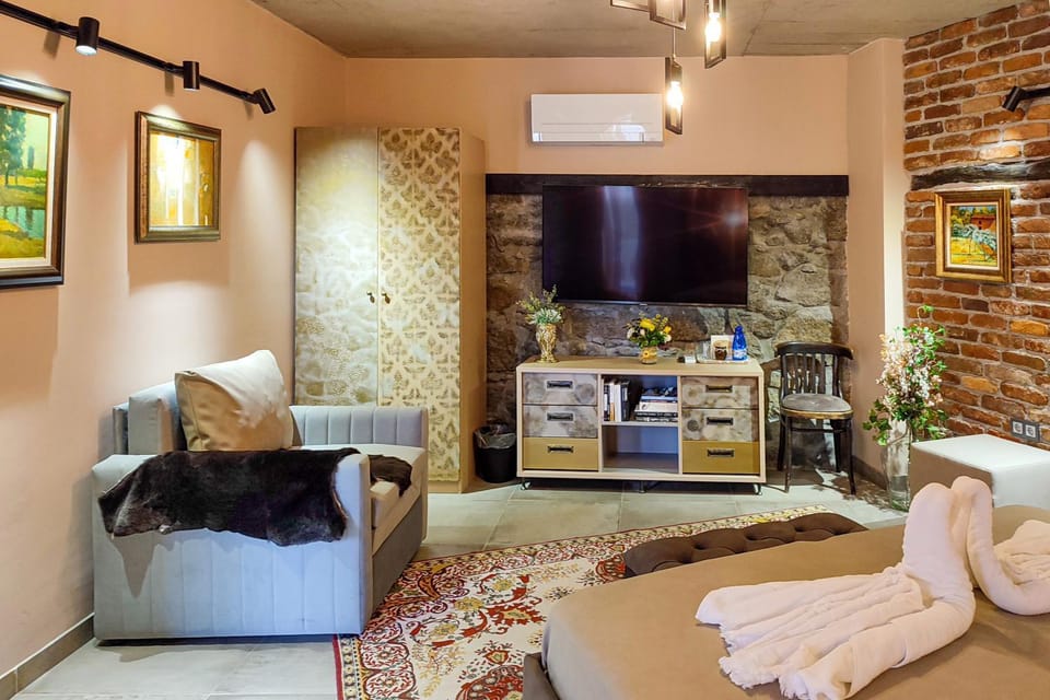 Communal lounge/ TV room, Bed, TV and multimedia, Living room, Photo of the whole room, Decorative detail, Seating area, Evening entertainment, Bedroom, Family, towels, air conditioner