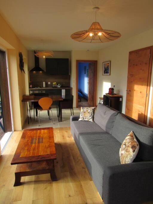 Kitchen or kitchenette, Living room, Seating area, Dining area