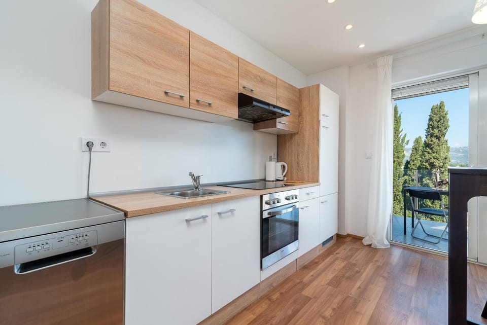 Kitchen or kitchenette, dishwasher, oven, stove