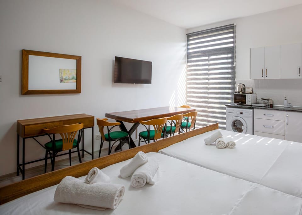 Bed, TV and multimedia, Kitchen or kitchenette, Photo of the whole room, Bedroom, towels