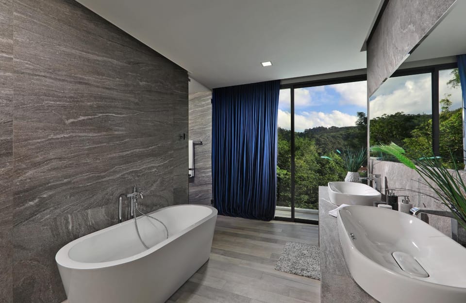 Natural landscape, Bathroom, Mountain view, Bath