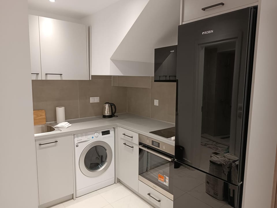 Kitchen or kitchenette, oven, stove, washing machine