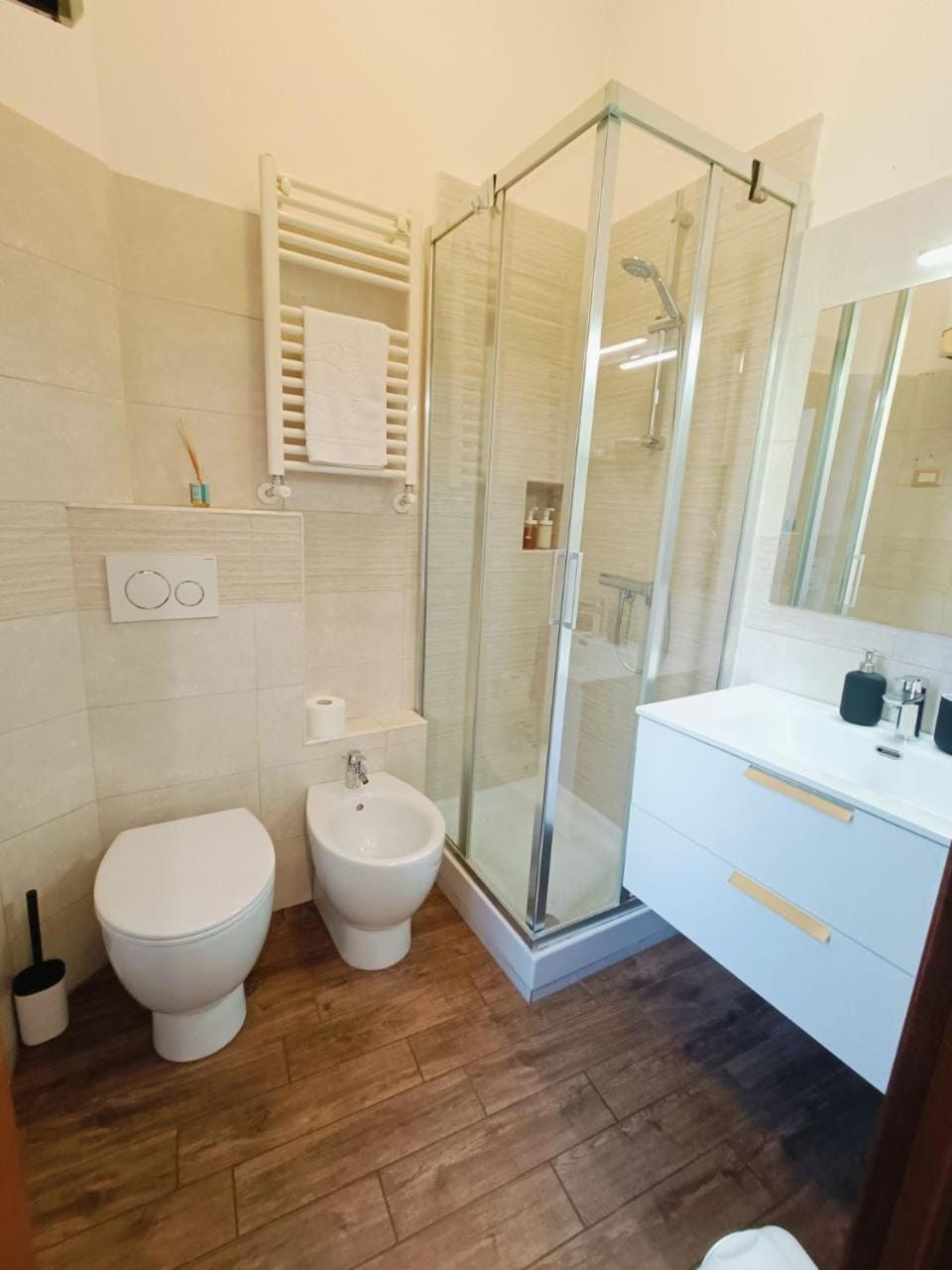 Shower, Toilet, bidet, towels