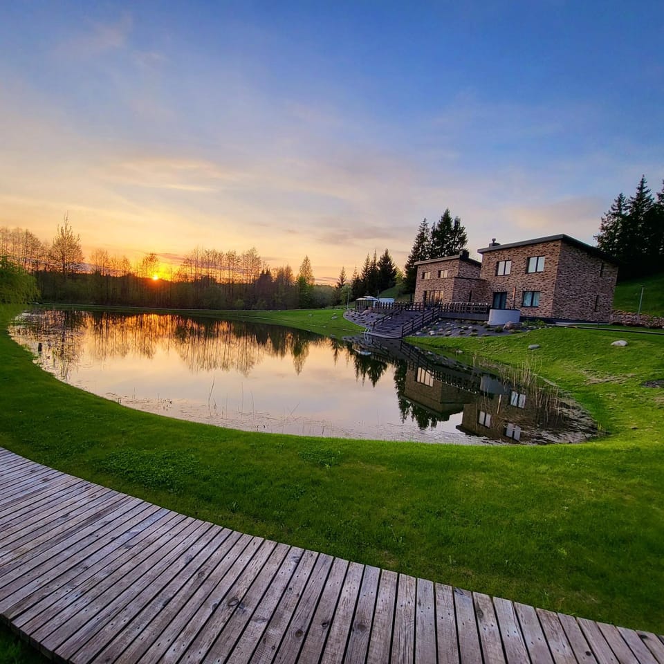 Property building, Spring, Natural landscape, Garden view, Lake view, Sunset