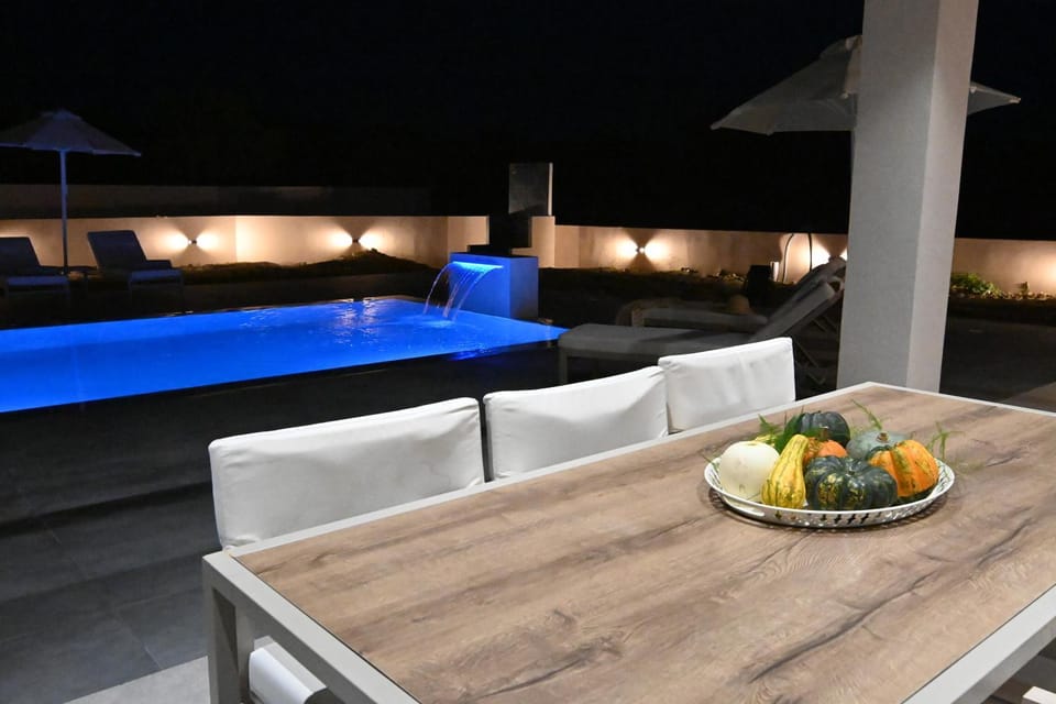 Night, Dining area, Food, Pool view, Swimming pool