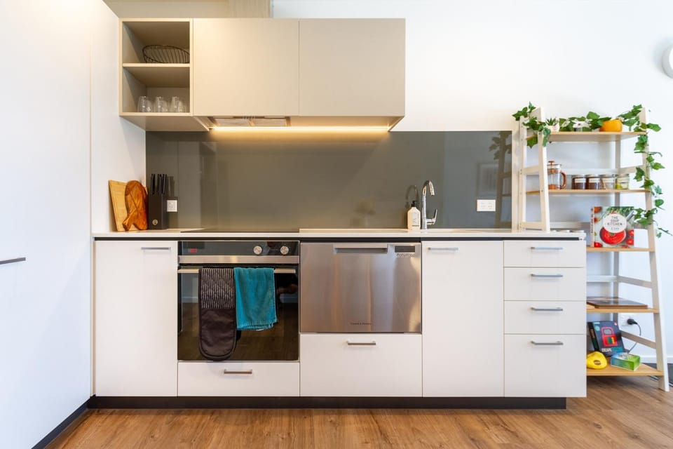 Kitchen or kitchenette, dishwasher, oven, stove