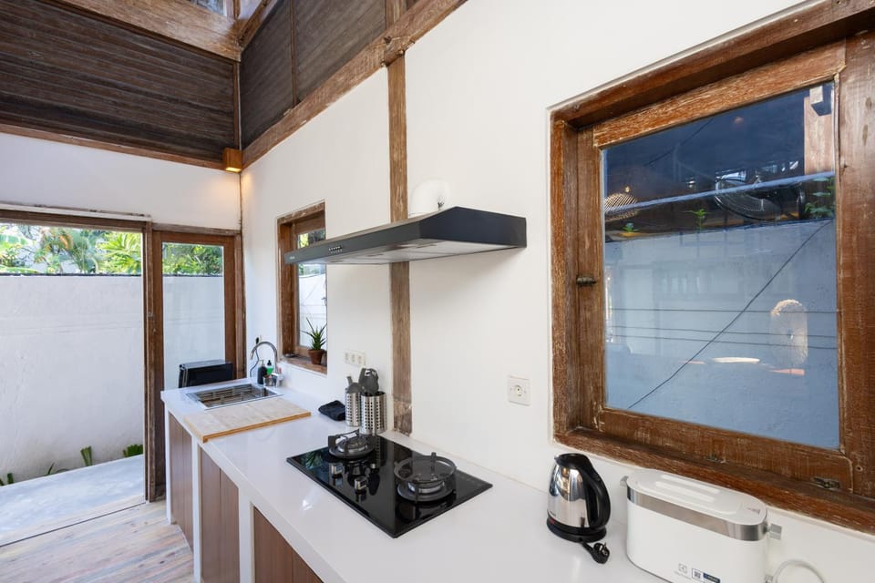 Kitchen or kitchenette, stove