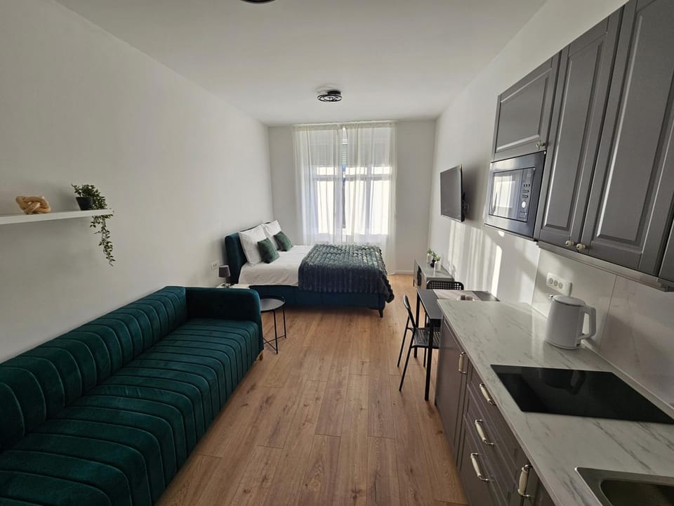 Bed, TV and multimedia, Kitchen or kitchenette, Living room, Photo of the whole room, Seating area, Dining area