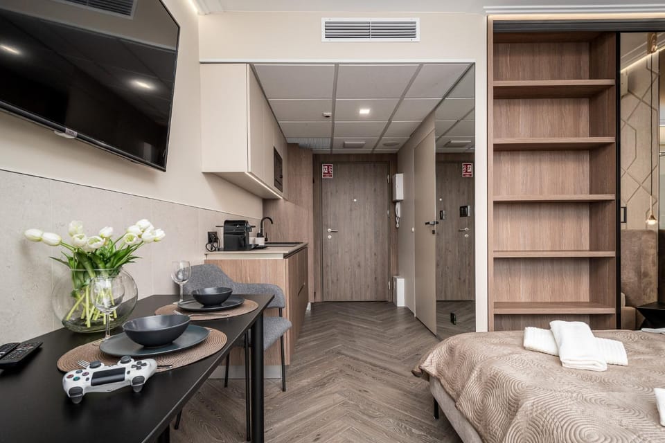 Bed, TV and multimedia, Kitchen or kitchenette, Photo of the whole room, air conditioner