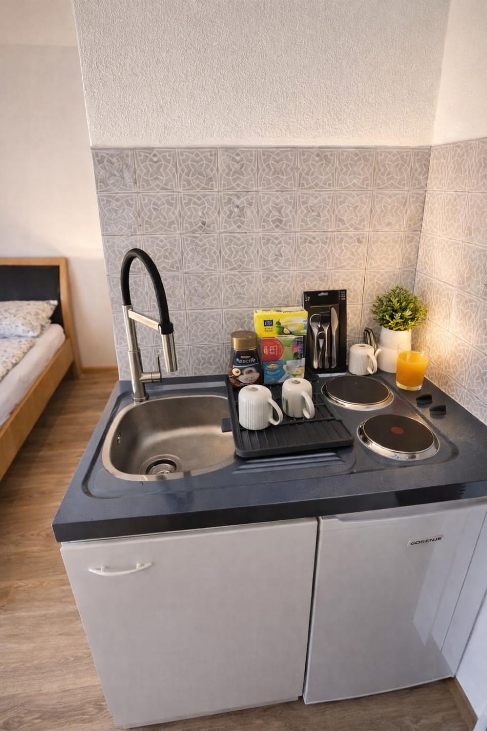 Kitchen or kitchenette, stove