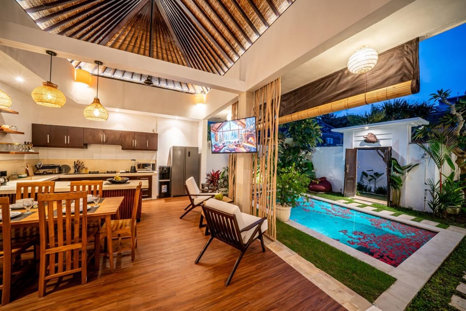Living room, Seating area, Pool view