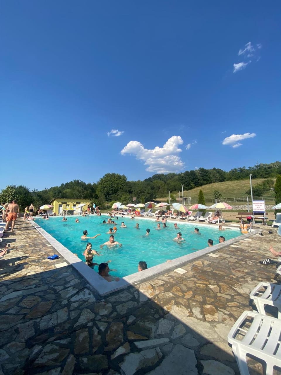 Pool view, group of guests, sunbed