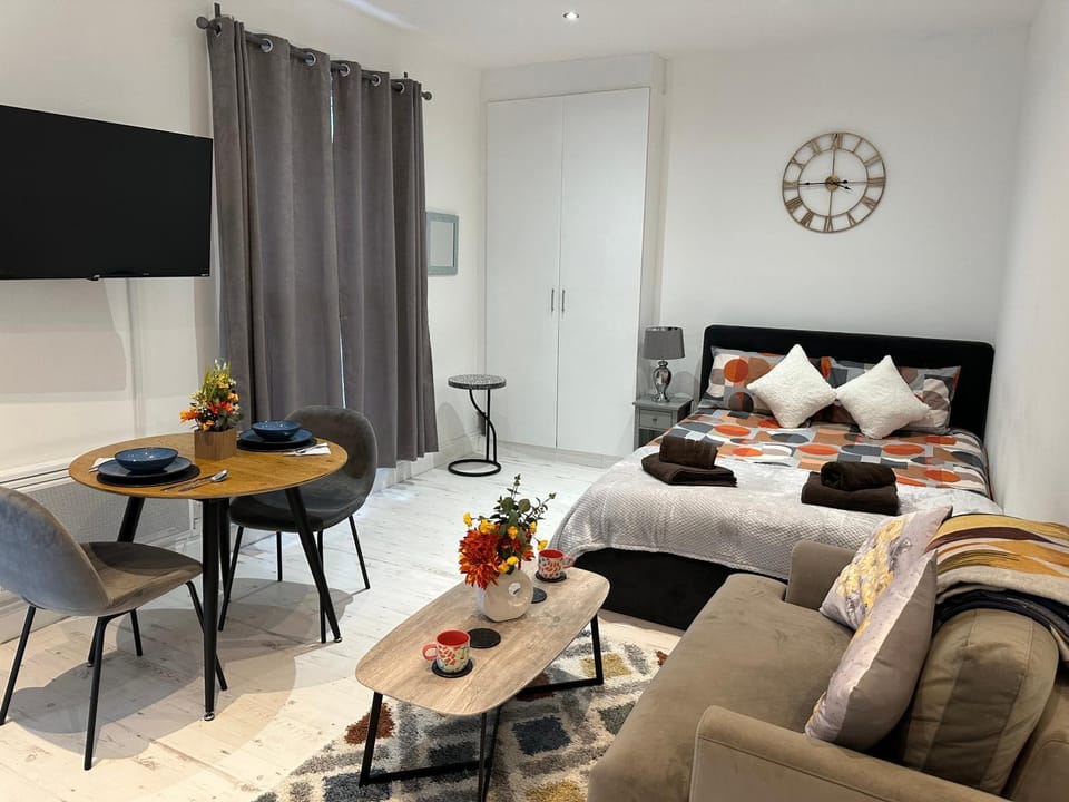 Bed, TV and multimedia, Living room, Photo of the whole room, Seating area, Dining area, Bedroom